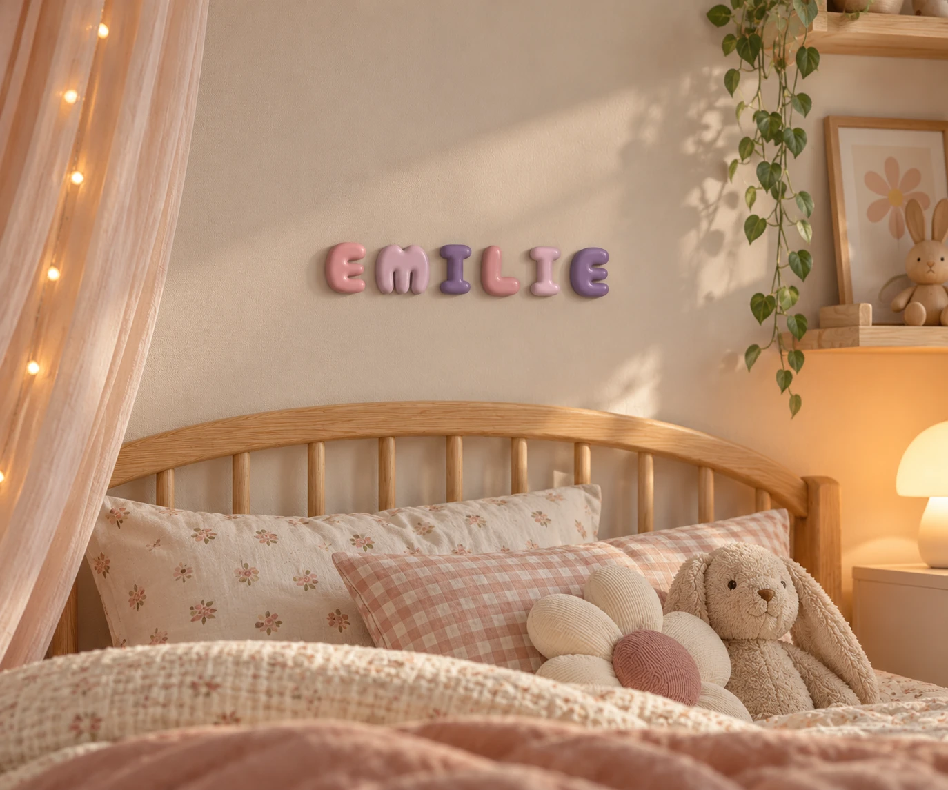 Der Name EMILIE in Rosa und Lila an der Wand über einem Kinderbett