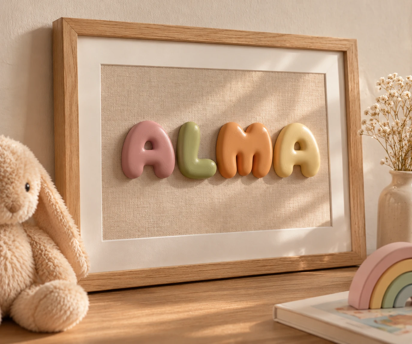 Der Name ALMA in Rosa, Grün, Orange und Gelb in einem Holzrahmen