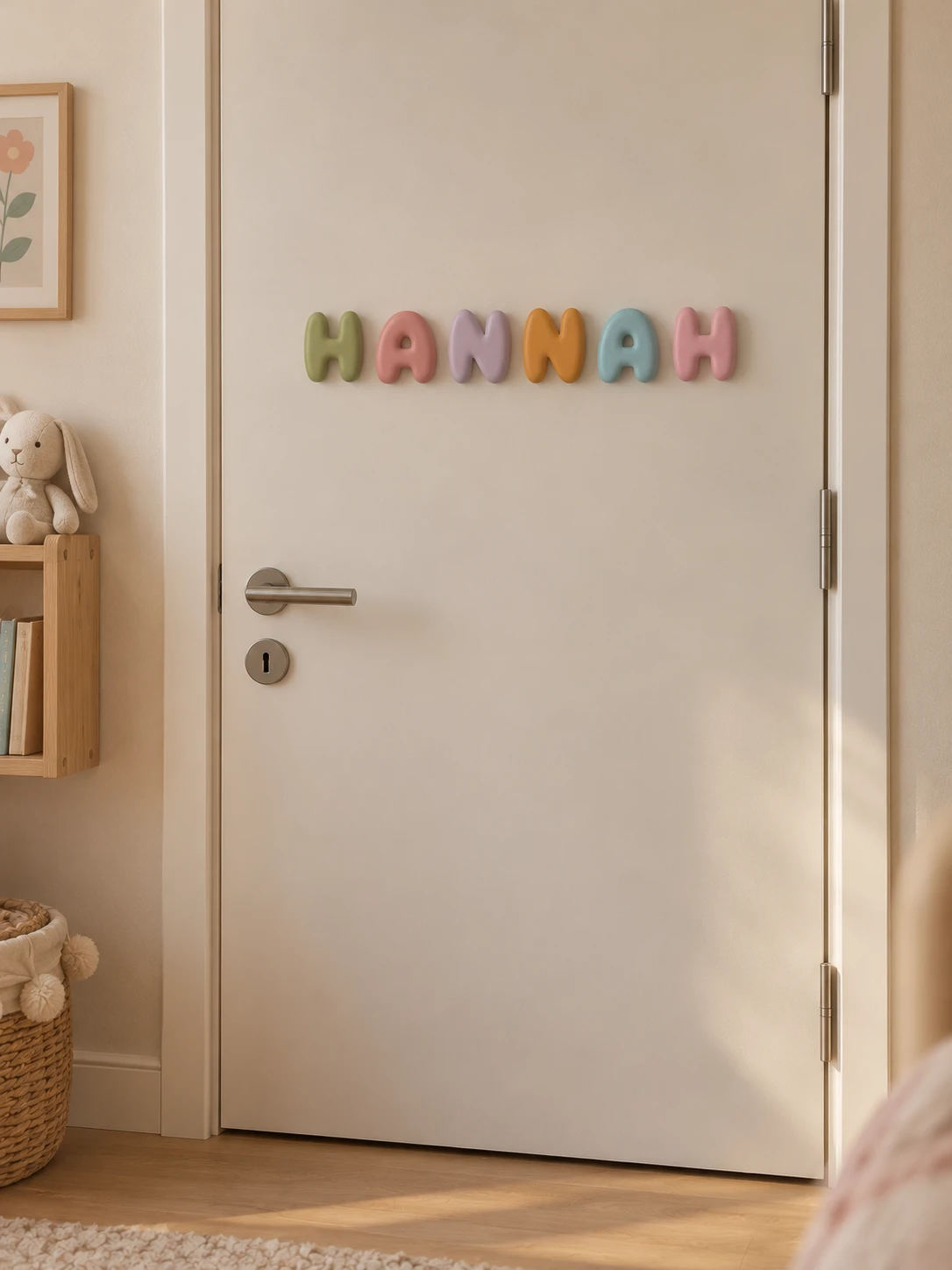 Der Name HANNAH in Pastellfarben an einer weissen Kinderzimmertür